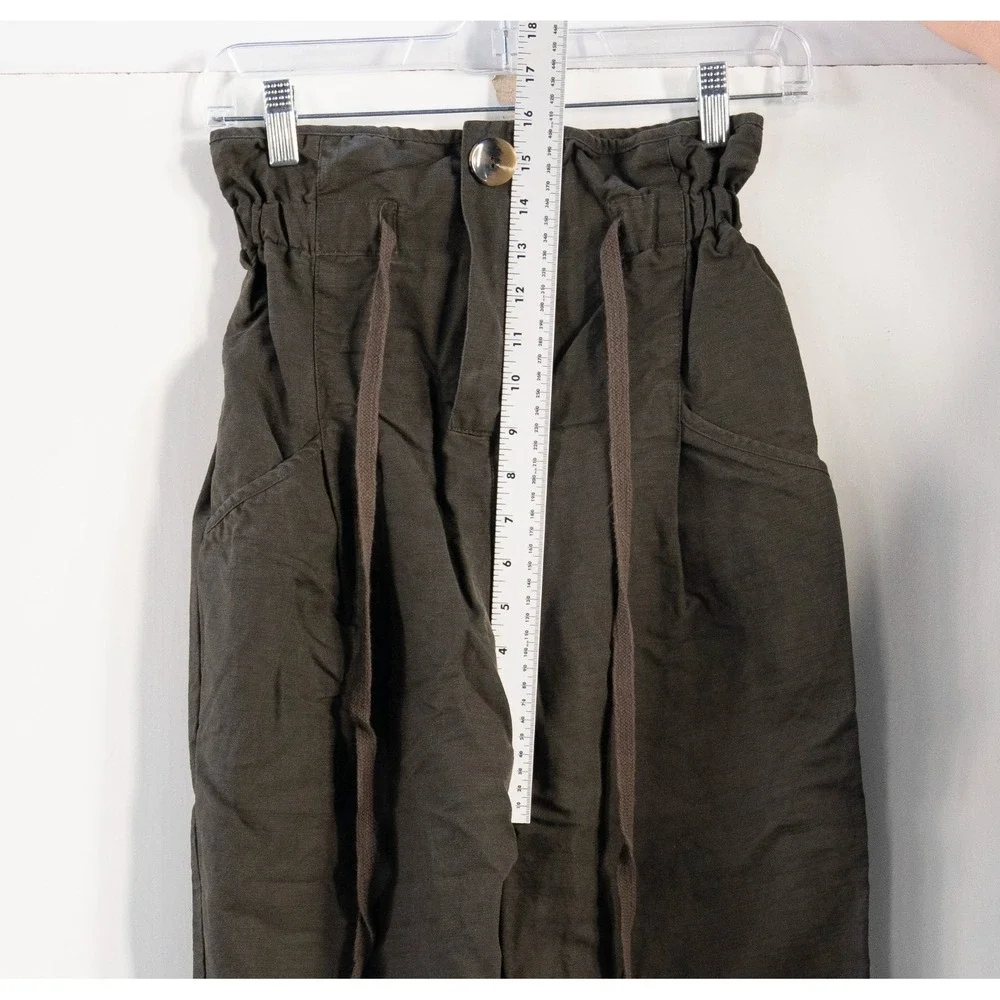 Zara Women Super High Waisted Paper bag Linen Blend Pant Green size XS